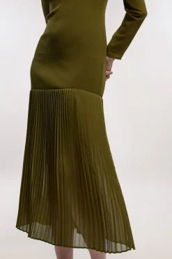 Robe Midi Plissée Petite Taille en Mélange Tissé-Tricot
