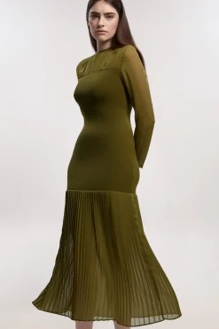 Robe Midi Plissée Petite Taille en Mélange Tissé-Tricot