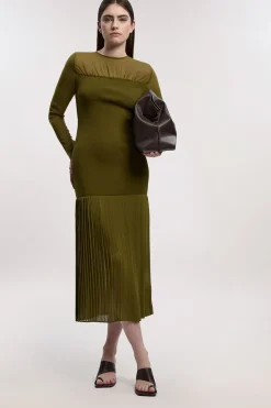 Robe Midi Plissée Petite Taille en Mélange Tissé-Tricot