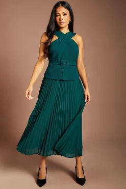 Robe Midi Plissée Petite Taille À Encolure Croisée