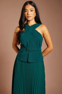 Robe Midi Plissée Petite Taille À Encolure Croisée