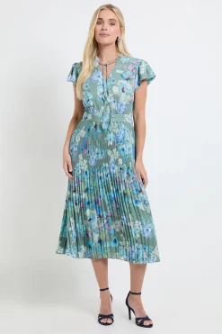 Wallis Robe Midi Plissée À Volants Floraux Et Encolure Nouée Petite<Femme Robes|Robes Mi-Longues