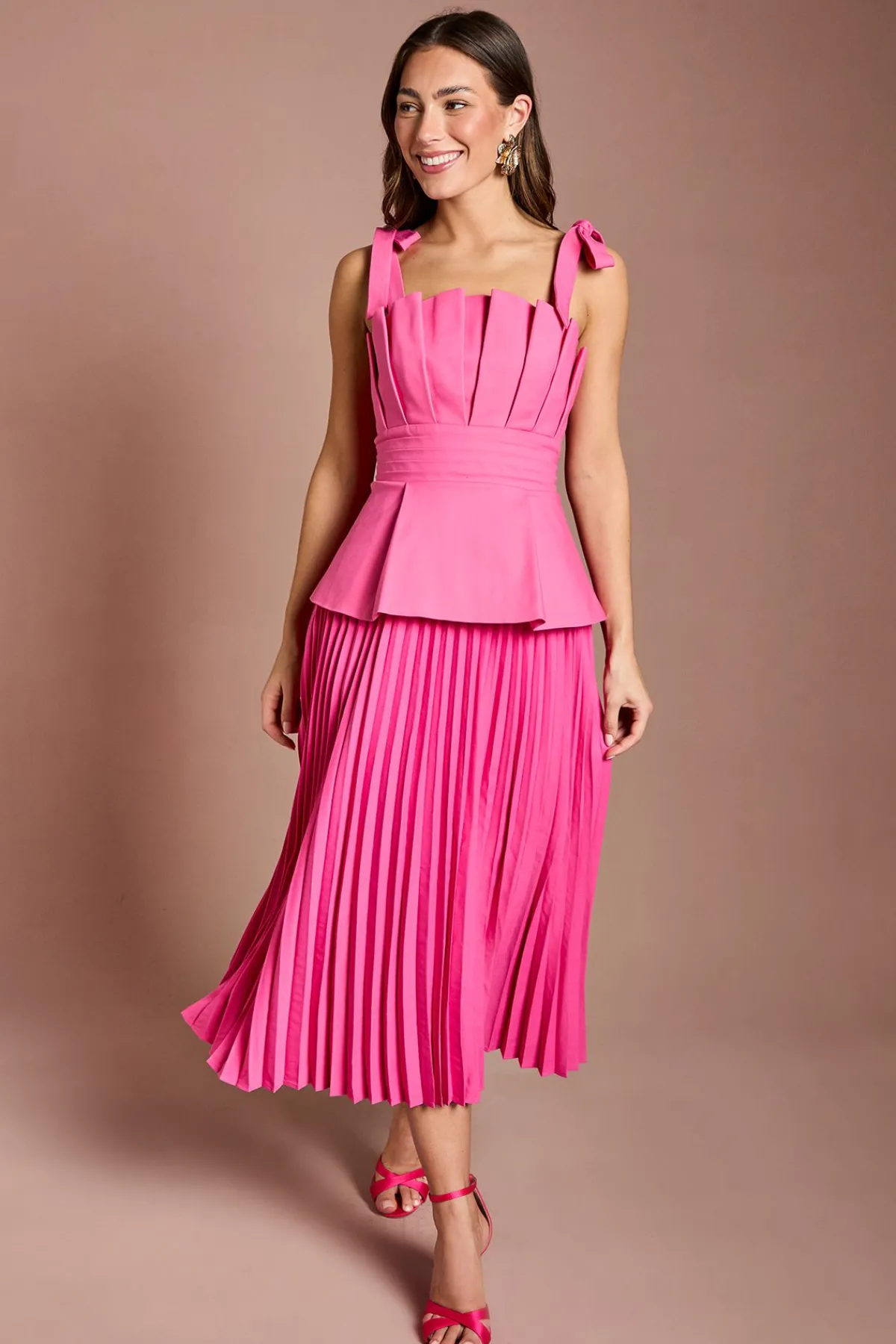 Coast Robe Midi À Plis Sur Le Corsage Avec Nœuds Aux Épaules Et Basque<Femme Toutes Les Robes|Robes Mi-Longues