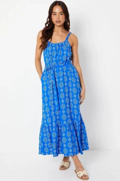 Robe Midi À Poches À Volants Étagés À Carreaux Bleus Petite