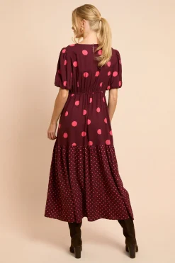 Robe Midi À Pois Avec Manches Bouffantes Et Taille Basse Mélange De Motifs À Pois