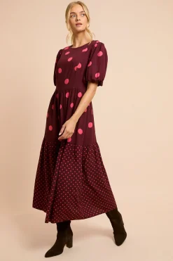 Robe Midi À Pois Avec Manches Bouffantes Et Taille Basse Mélange De Motifs À Pois