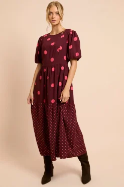 Robe Midi À Pois Avec Manches Bouffantes Et Taille Basse Mélange De Motifs À Pois