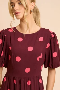 Robe Midi À Pois Avec Manches Bouffantes Et Taille Basse Mélange De Motifs À Pois