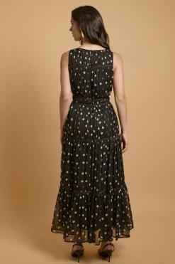 Robe Midi à Pois avec Passepoil Contrastant