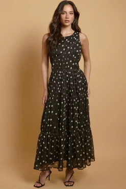 Robe Midi à Pois avec Passepoil Contrastant