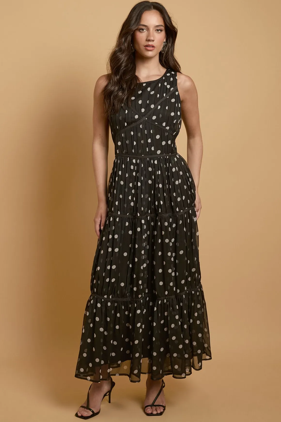 Robe Midi à Pois avec Passepoil Contrastant