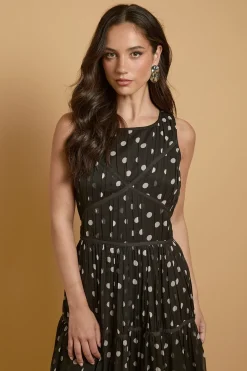 Robe Midi à Pois avec Passepoil Contrastant