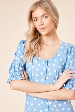 Robe Midi à Pois Bleus avec Manches Bouffantes et Boutonnage Devant
