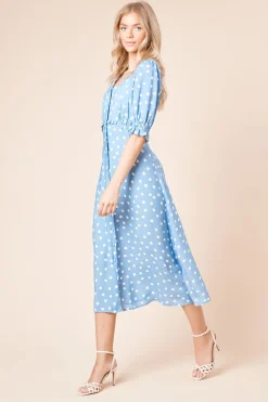Robe Midi à Pois Bleus avec Manches Bouffantes et Boutonnage Devant