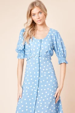 Robe Midi à Pois Bleus avec Manches Bouffantes et Boutonnage Devant