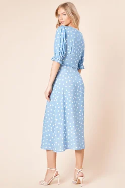 Robe Midi à Pois Bleus avec Manches Bouffantes et Boutonnage Devant