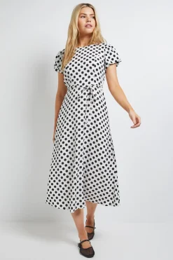 Robe Midi à Pois Mono avec Détail Dos Noué et Manches Bouffantes