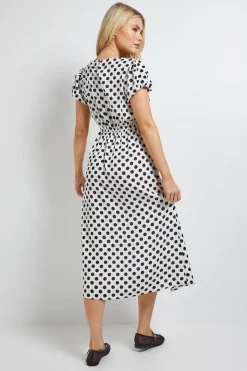 Robe Midi à Pois Mono avec Détail Dos Noué et Manches Bouffantes