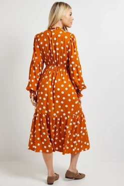 Robe Midi À Pois Orange Avec Couture Empire Et Détails À Volants