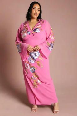 Robe Midi Portefeuille À Encolure En V Brodée Grande Taille