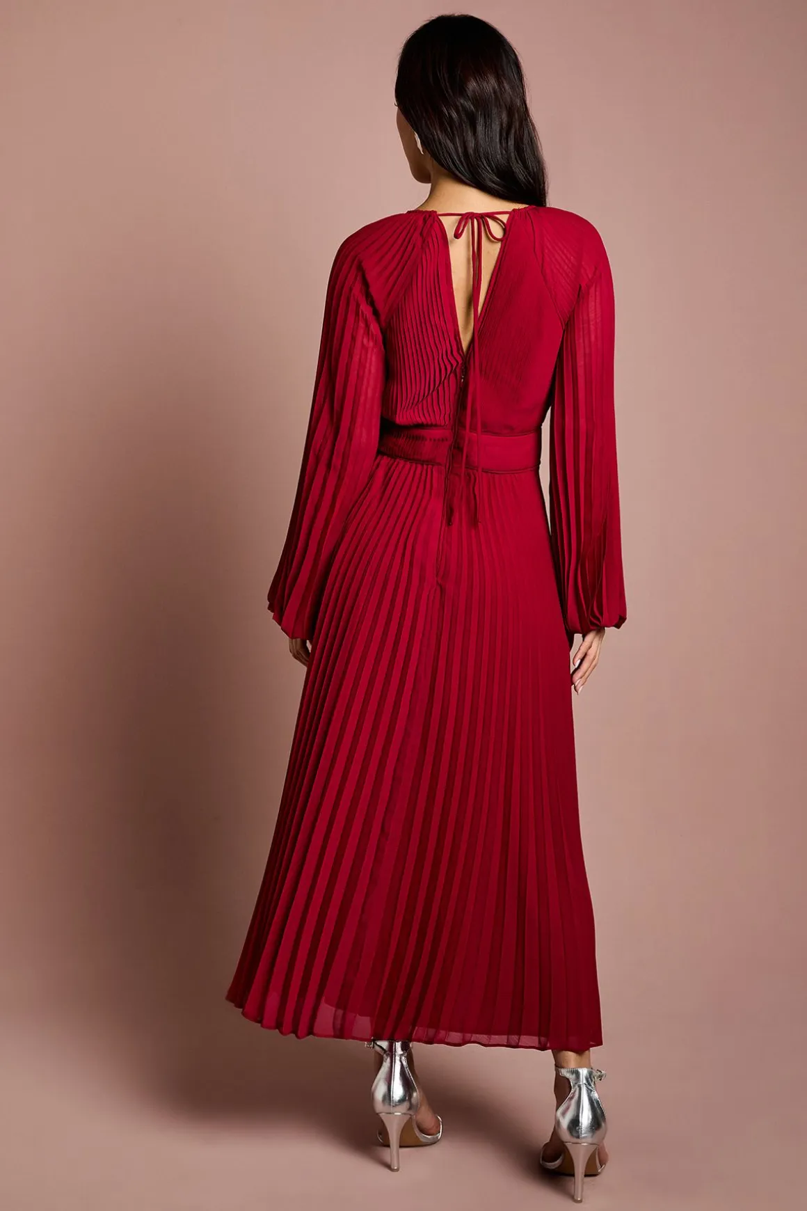 Robe Midi Portefeuille en Mousseline Plissée à Manches Longues