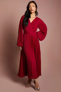 Robe Midi Portefeuille en Mousseline Plissée à Manches Longues