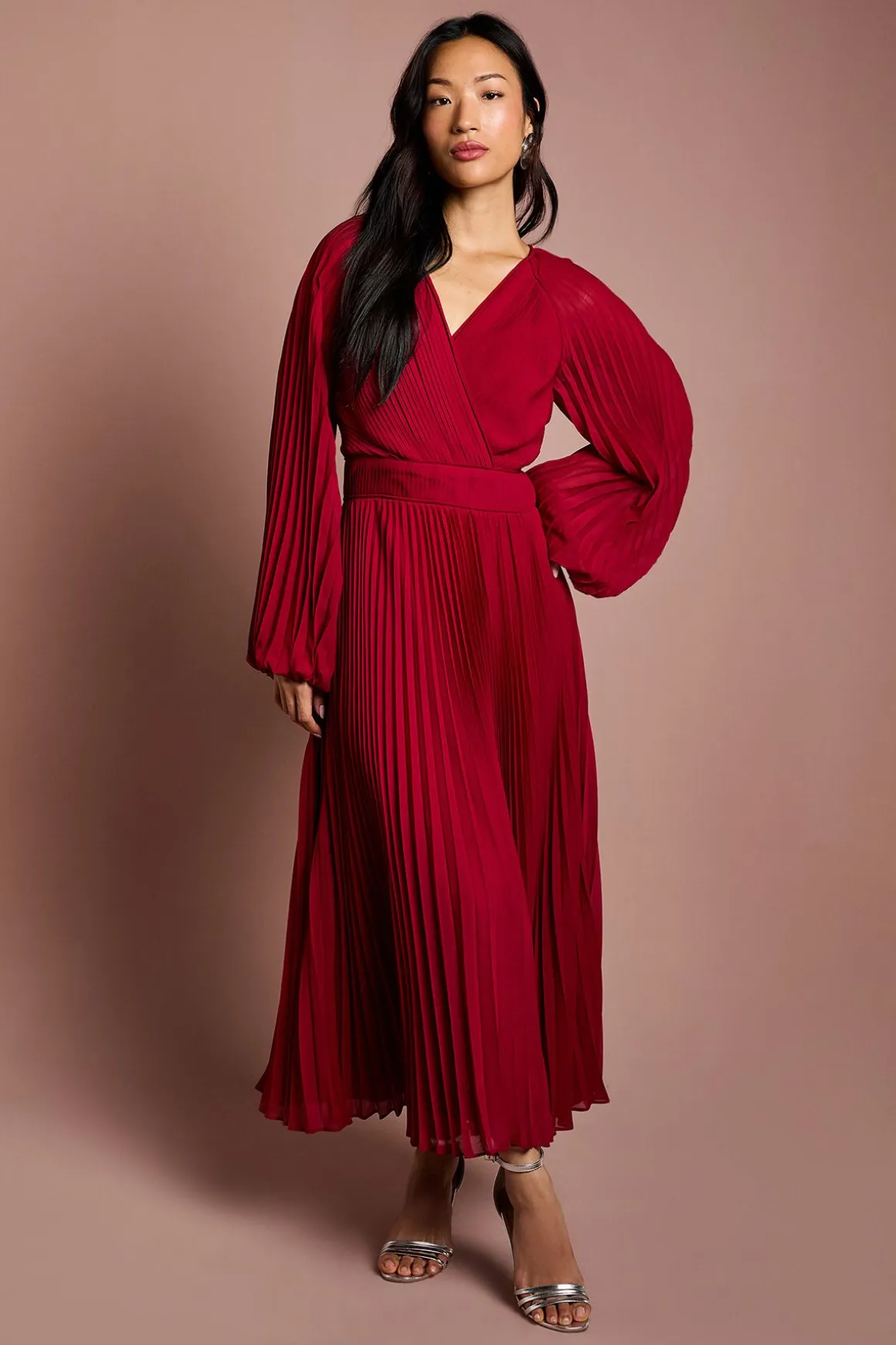 Robe Midi Portefeuille en Mousseline Plissée à Manches Longues