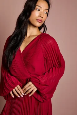 Robe Midi Portefeuille en Mousseline Plissée à Manches Longues