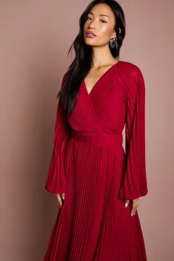 Robe Midi Portefeuille en Mousseline Plissée à Manches Longues