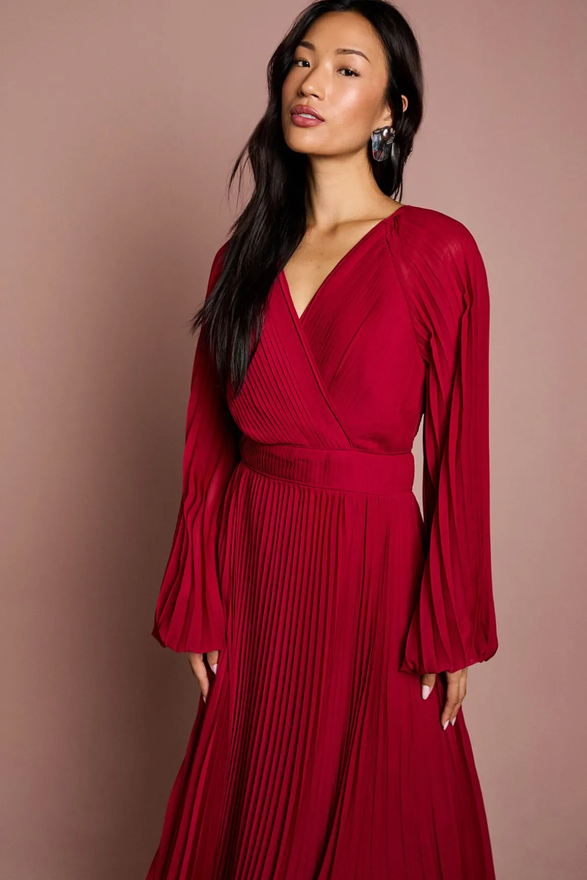 Robe Midi Portefeuille en Mousseline Plissée à Manches Longues