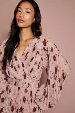 Robe Midi Portefeuille en Mousseline Plissée à Manches Longues