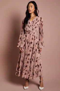 Robe Midi Portefeuille en Mousseline Plissée à Manches Longues