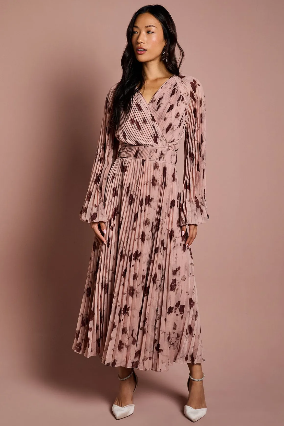 Robe Midi Portefeuille en Mousseline Plissée à Manches Longues