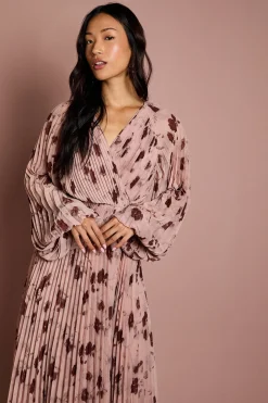 Robe Midi Portefeuille en Mousseline Plissée à Manches Longues