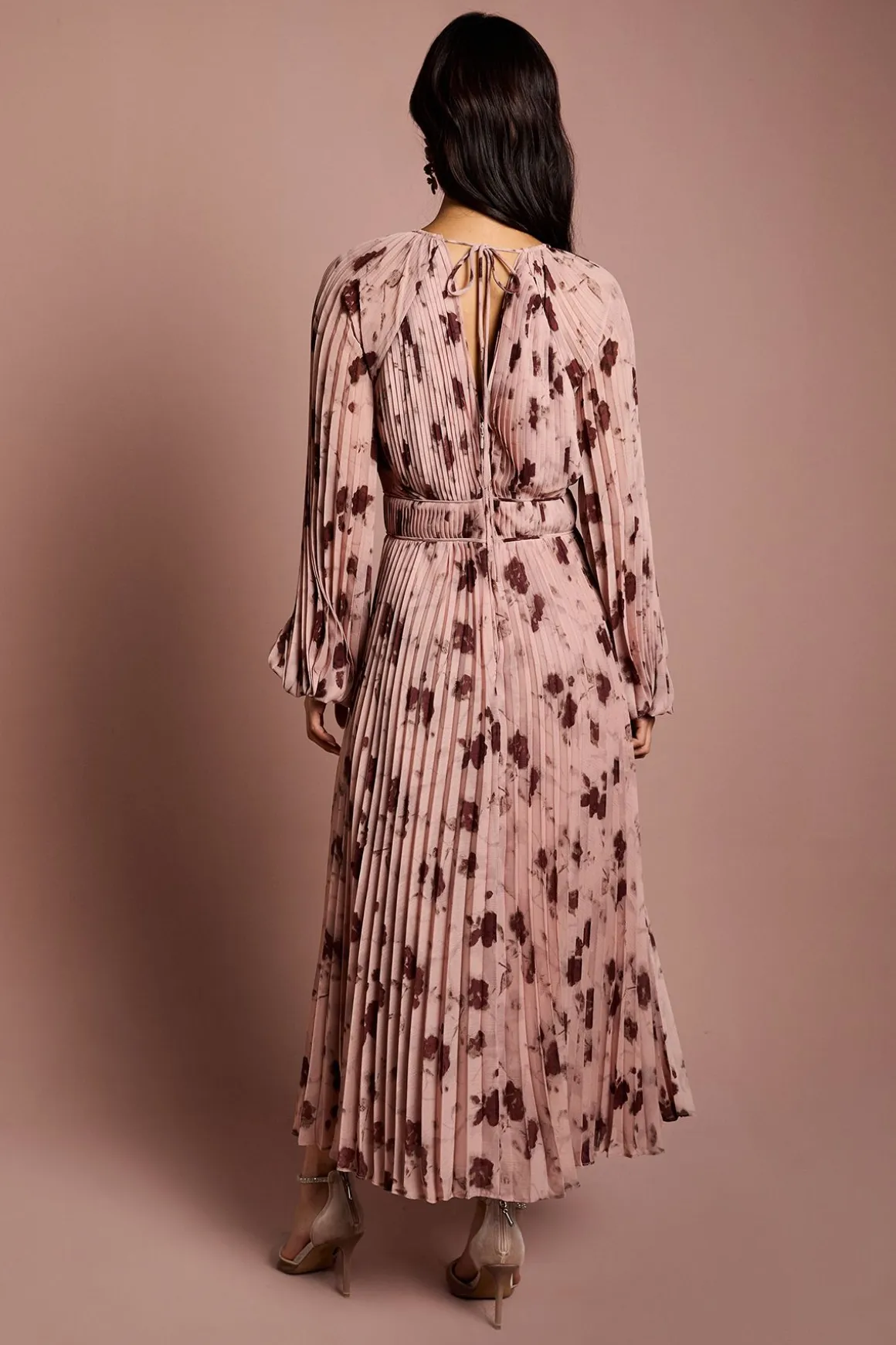 Robe Midi Portefeuille en Mousseline Plissée à Manches Longues