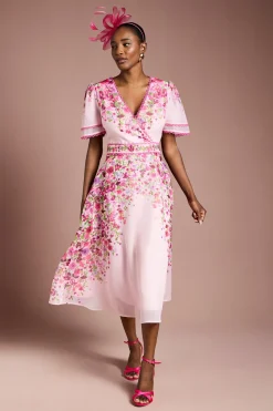 Coast Robe Midi Portefeuille en Organza à Imprimé Floral Placé<Femme Toutes Les Robes|Robes Mi-Longues