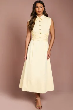Robe Midi Portefeuille en Popeline à Taille Marquée avec Boutons Dorés