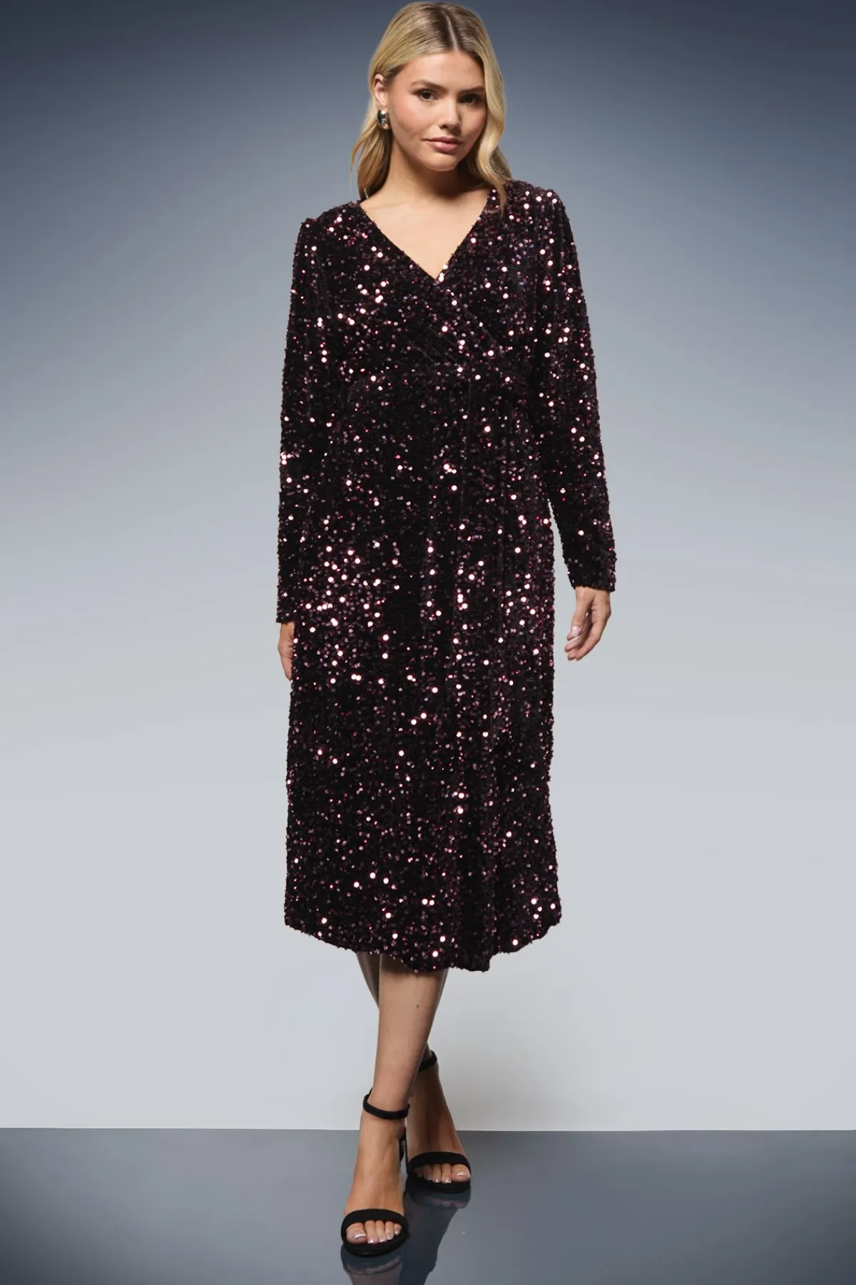 Dorothy Perkins Robe Midi Portefeuille en Velours à Sequins<Femme Robes Mi-Longues|Robes À Manches Longues