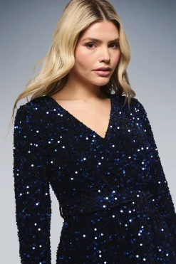 Robe Midi Portefeuille en Velours à Sequins