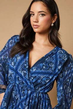 Robe Midi Portefeuille à Imprimé Foulard avec Plis et Insertions de Dentelle