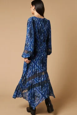 Robe Midi Portefeuille à Imprimé Foulard avec Plis et Insertions de Dentelle