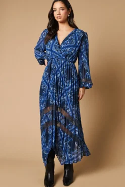 Robe Midi Portefeuille à Imprimé Foulard avec Plis et Insertions de Dentelle