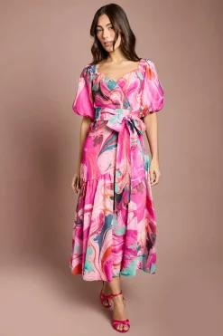 Robe Midi Portefeuille Imprimée À Manches Bouffantes Avec Ceinture
