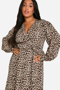 Robe Midi Portefeuille Léopard Tissé Plus