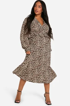 Robe Midi Portefeuille Léopard Tissé Plus