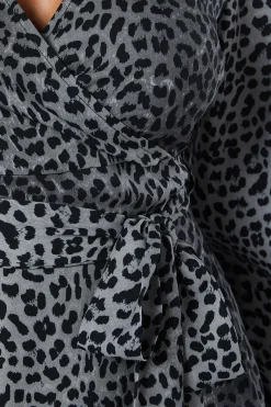 Robe Midi Portefeuille à Manches Longues Imprimé Animal Noir