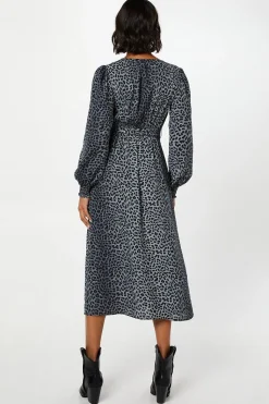 Robe Midi Portefeuille à Manches Longues Imprimé Animal Noir