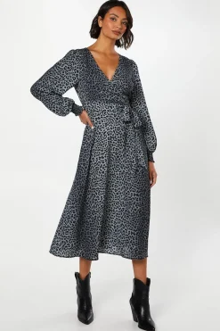 Robe Midi Portefeuille à Manches Longues Imprimé Animal Noir