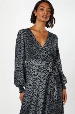 Robe Midi Portefeuille à Manches Longues Imprimé Animal Noir