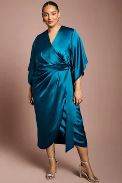 Robe Midi Portefeuille à Plis Frontaux en Satin Plus